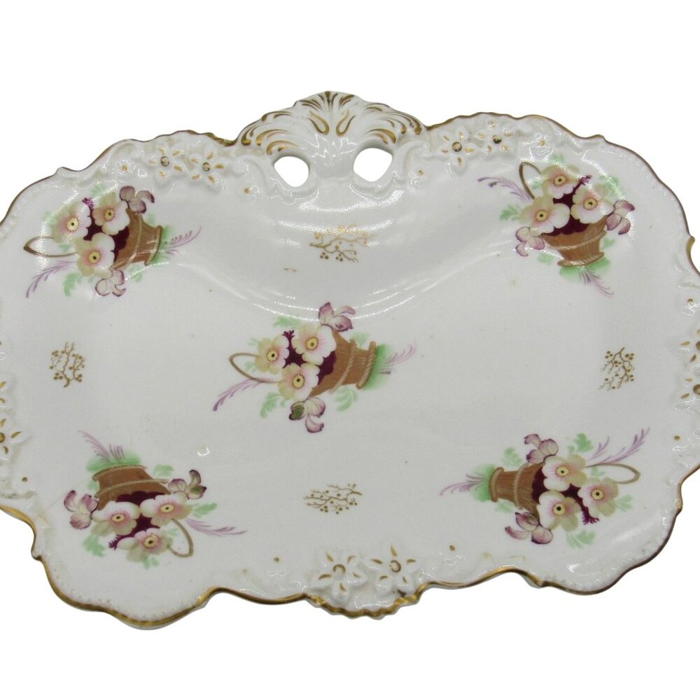 VINTAGE Footed Porcelain Decorative TRAY with Floral Basket Design and Gold Gild